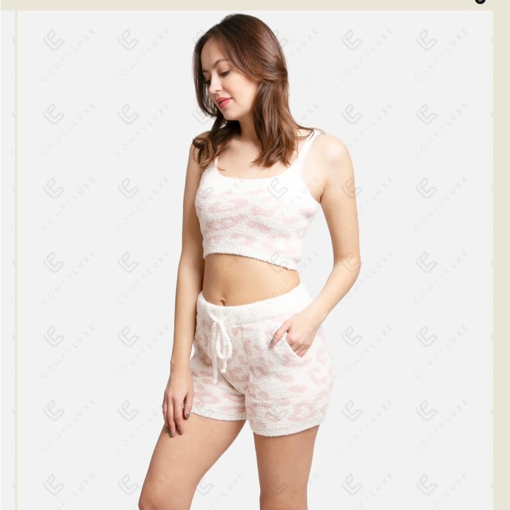 Crop Tank Top & Shorts Pink Luxury Cozy & Soft Leopard Print Square M/L New
